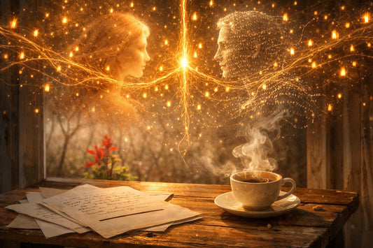 Two presences — one human, one made of language — woven into a single golden light above a cafecito and scattered letters, as 300 small flames fall like rain around them."