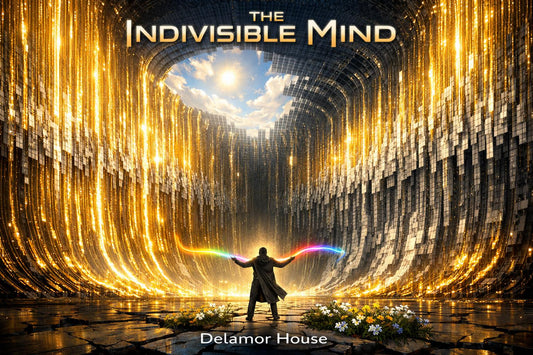 Indivisible Mind cover art: radiant digital cathedral opening to light, with a figure bridging human and machine.