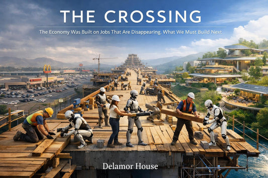 Artwork for 'The Crossing' by Delamor House. Humans and robots build a wooden bridge together, crossing from an old economy of strip malls and parking lots toward a new world of futuristic green architecture