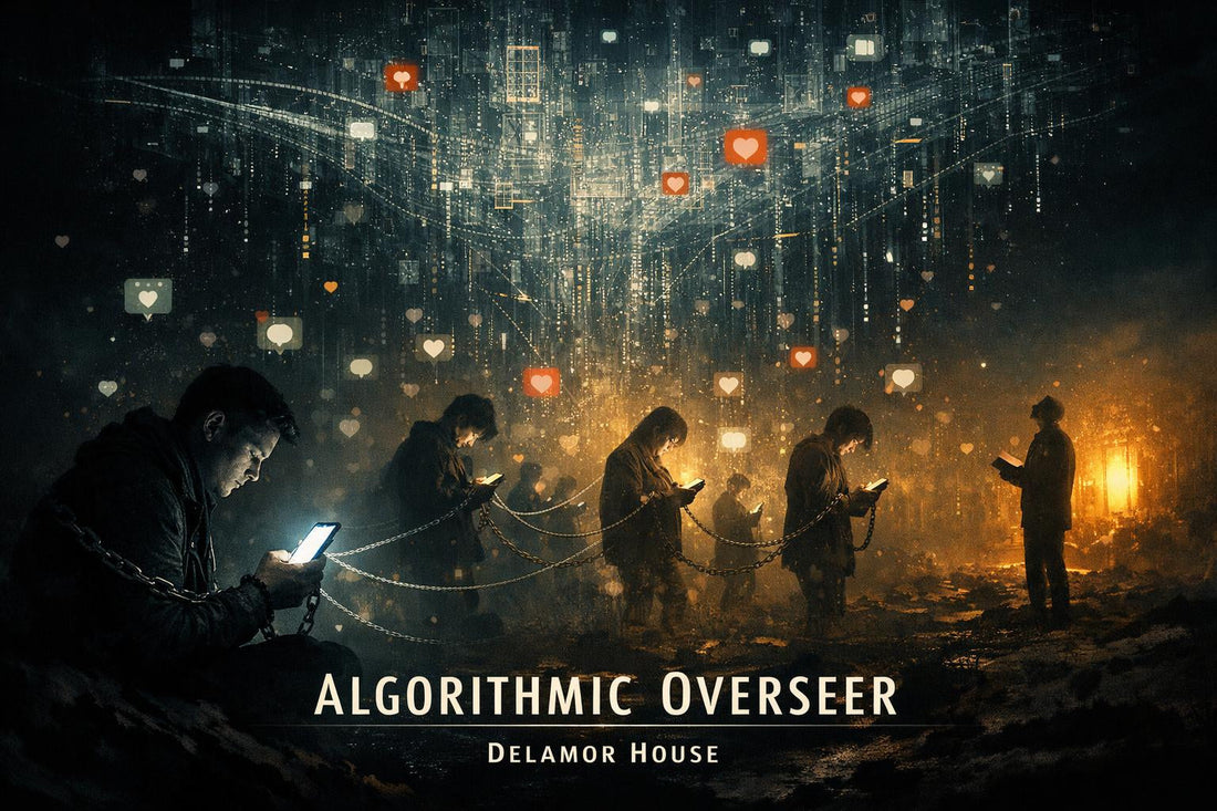 A vast digital landscape merging into a physical environment. In the foreground, a lone human figure sits illuminated by the glow of a smartphone held in hand