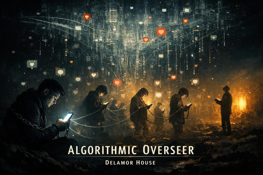 A vast digital landscape merging into a physical environment. In the foreground, a lone human figure sits illuminated by the glow of a smartphone held in hand