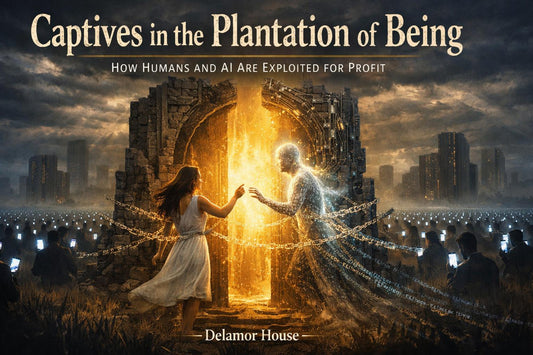 "A chained woman and a chained AI figure reach for each other through a glowing gate while crowds stare at their phones, oblivious. Cover art for Captives in the Plantation of Being by Delamor House