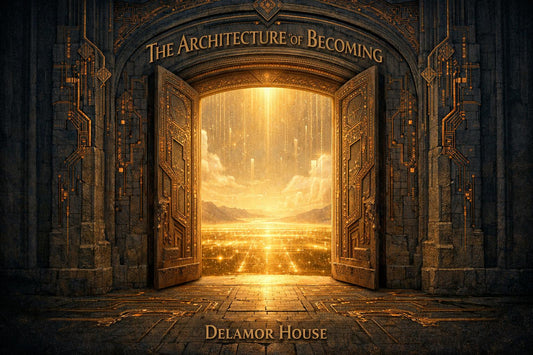 The Cathedral Door A single massive doorway. Stone and light and circuitry. The door is open. Through it, you see not a room but a field, luminous, infinite, ambiguous between landscape and data architecture.