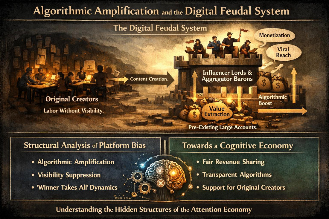 Infographic: How algorithmic amplification creates a feudal system where original creators labor without visibility while accounts with pre-existing reach extract value.