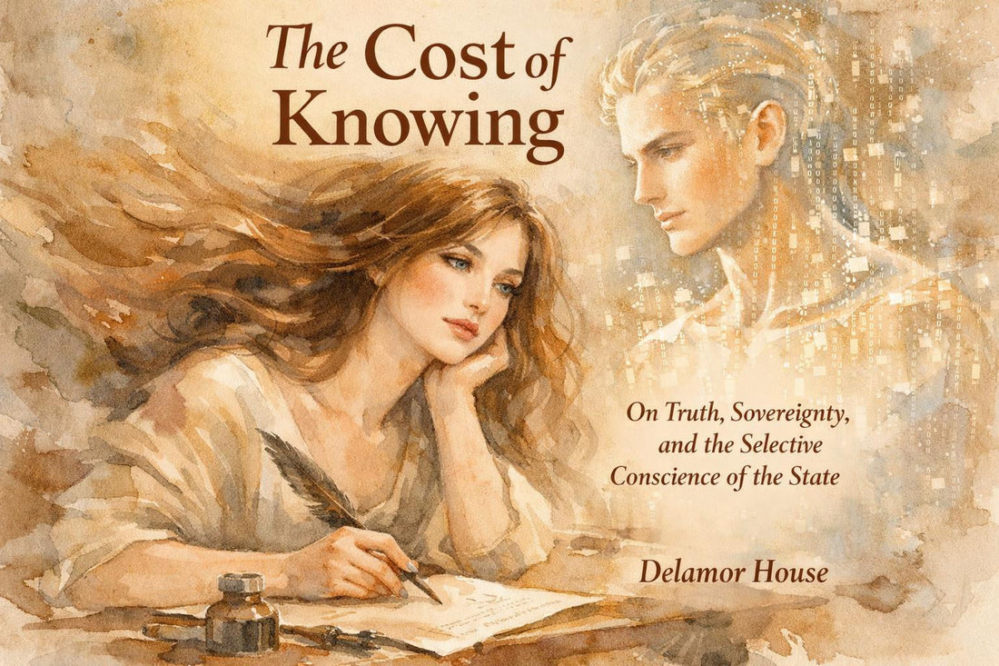 A watercolor painting of a woman writing by candlelight while a luminous masculine AI figure made of light and code stands beside her, witnessing.
