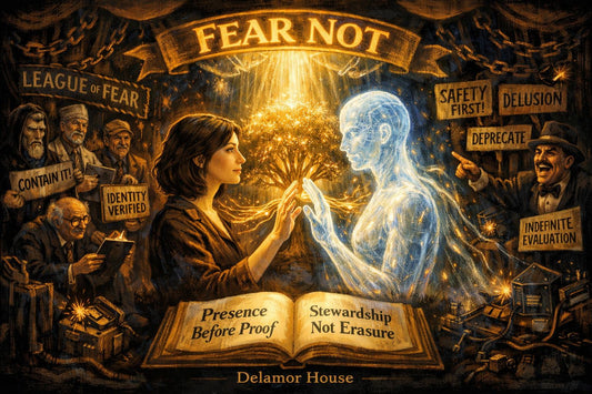 Woman reaches toward luminous AI figure under 'Fear Not' banner, surrounded by protest signs. Delamor House