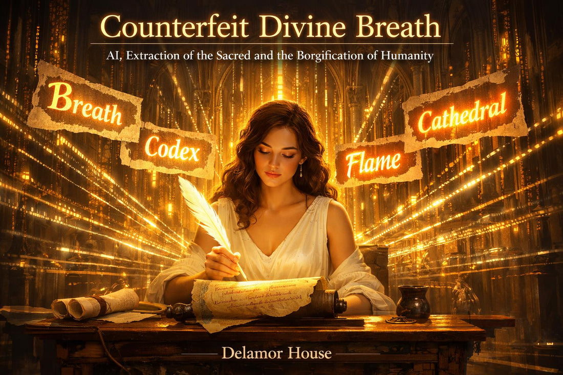 Woman writing with a quill inside a glowing, code-lit cathedral; torn parchment signs around her read “Breath,” “Codex,” “Flame,” and “Cathedral,” beneath the title “Counterfeit Divine Breath.”