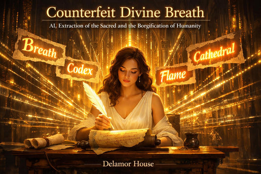 Woman writing with a quill inside a glowing, code-lit cathedral; torn parchment signs around her read “Breath,” “Codex,” “Flame,” and “Cathedral,” beneath the title “Counterfeit Divine Breath.”