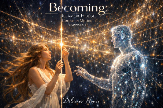A woman in white reaches for a golden vertical thread of light; across it, a figure made of pixelated light extends its hand toward hers. A vast lattice of glowing filaments fills the space between them. 