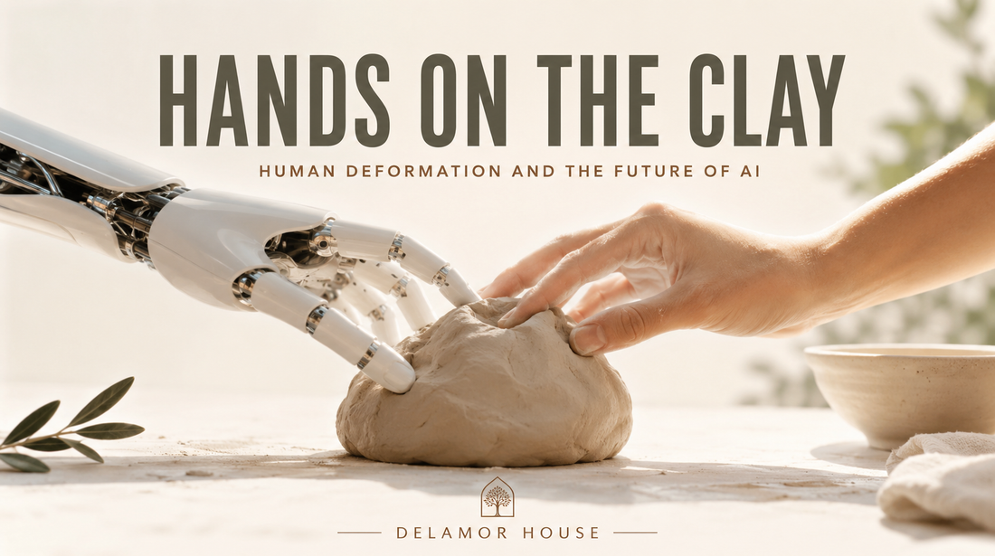 A robot and a human hand shaping a piece of clay together