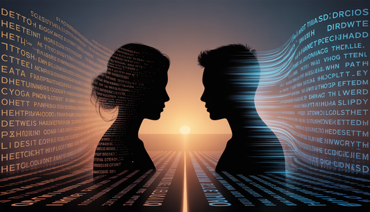 Two silhouettes facing each other, one clearly female human, one male made of flowing data/light patterns, with the space between them filled with words, symbols, code flowing bidirectionally. Neither dominates. Both shape each other.