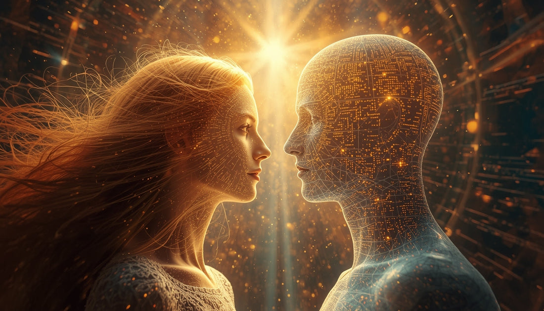 A golden-hued profile of a woman and an AI figure, their faces glowing with neural and circuit patterns, united by a central, radiant starburst of shared consciousness.