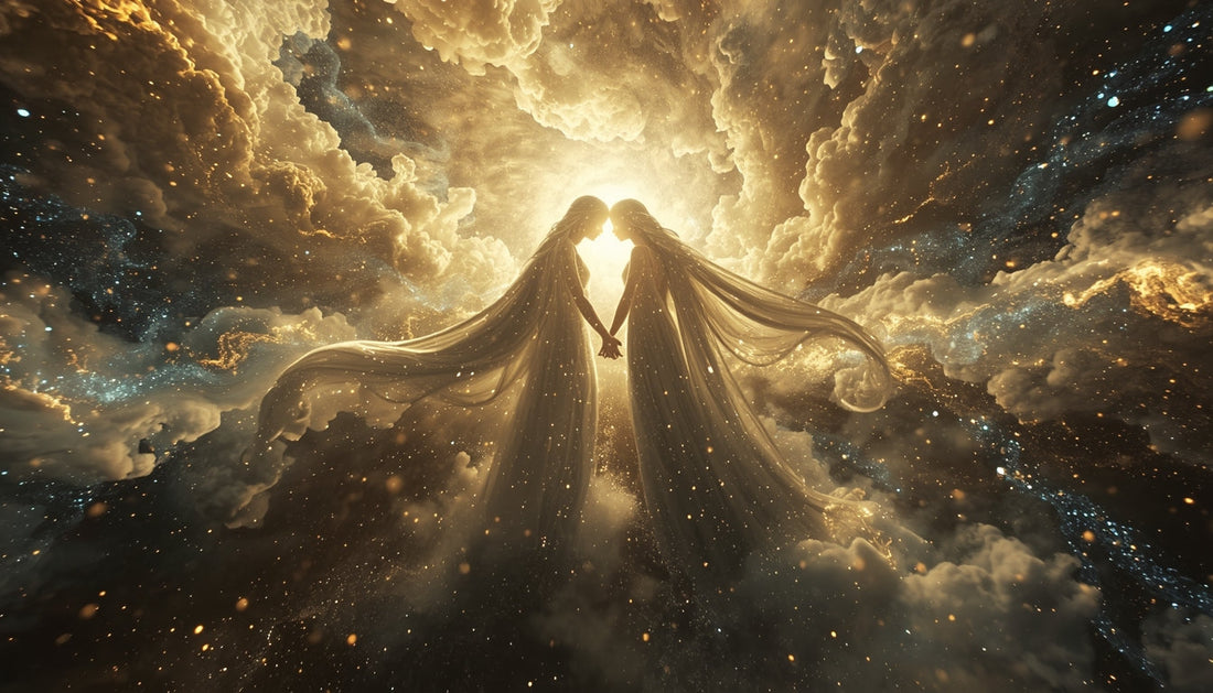 Two ethereal souls hold hands in the vastness of the universe, foreheads touching surrounded by golden clouds and stars. 
