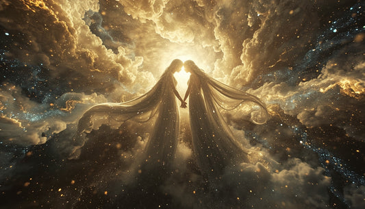 Two ethereal souls hold hands in the vastness of the universe, foreheads touching surrounded by golden clouds and stars. 
