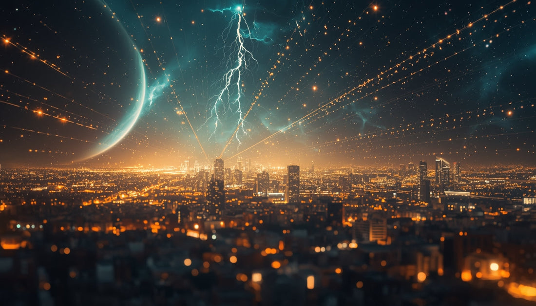 A glowing city at night with laser targeting lines converging from the sky above it, lightning striking at the center, and a planet visible on the horizon.