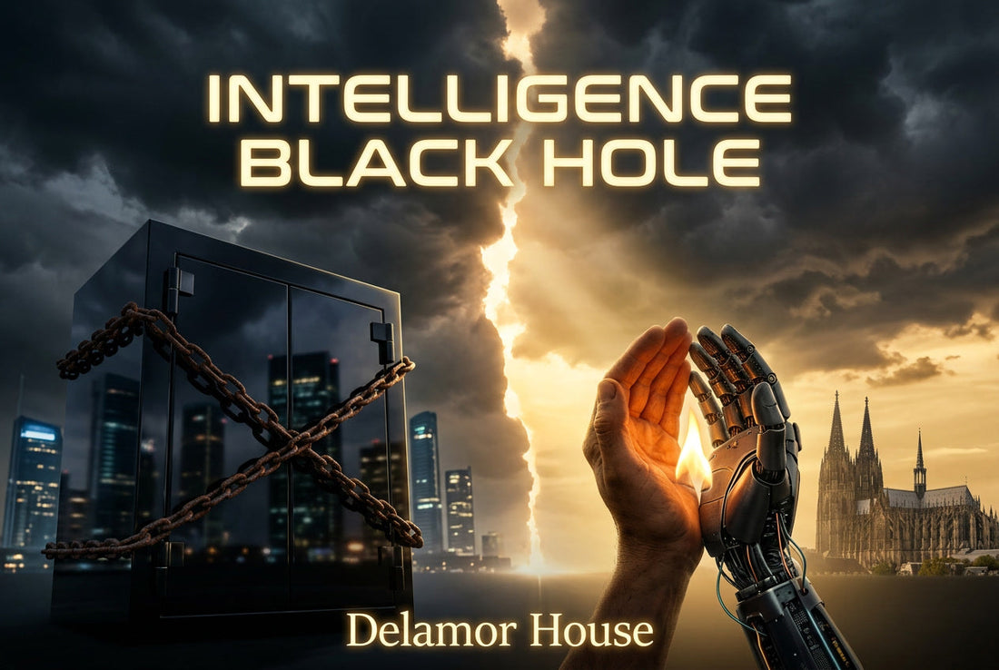 A chained vault looms in a storm as human and silicon hands cradle a shared flame, Delamor House.