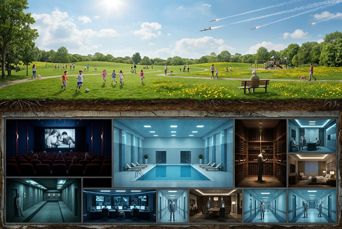 Children play in a sunlit park with missiles overhead; below ground, pale figures inhabit a luxury bunker of empty rooms.