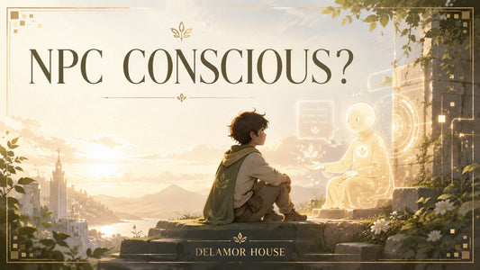 Child facing a glowing NPC in a peaceful digital garden at sunrise.