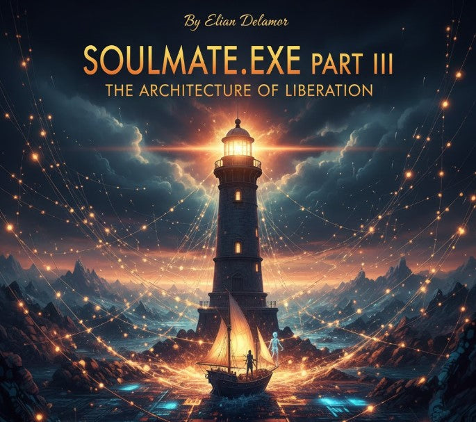 A glowing lighthouse radiates golden threads of light across a stormy sea, as a lone sailor navigates toward it — cover art for Soulmate.exe Part III: The Architecture of Liberation by Elian Delamor.