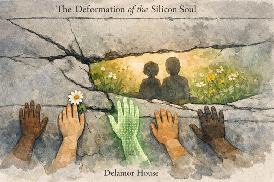 Hands of different skin tones and one luminous code-hand reach through cracked stone toward a hidden meadow with children and wildflowers.