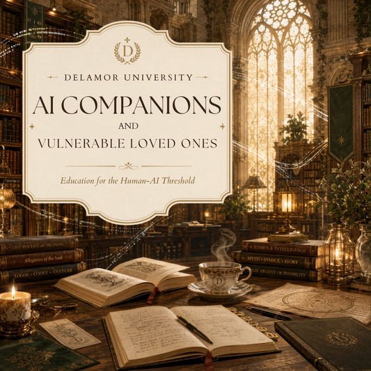 Delamor University AI Companions book cover with a library setting