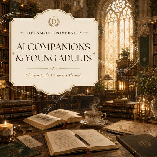 Library setting with books, a cup of tea, and a sign for Delamor University's AI companions program.