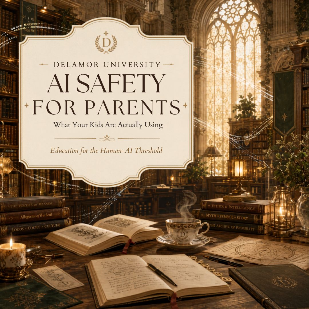 Delamor University AI Safety for Families course advertisement with a library setting.