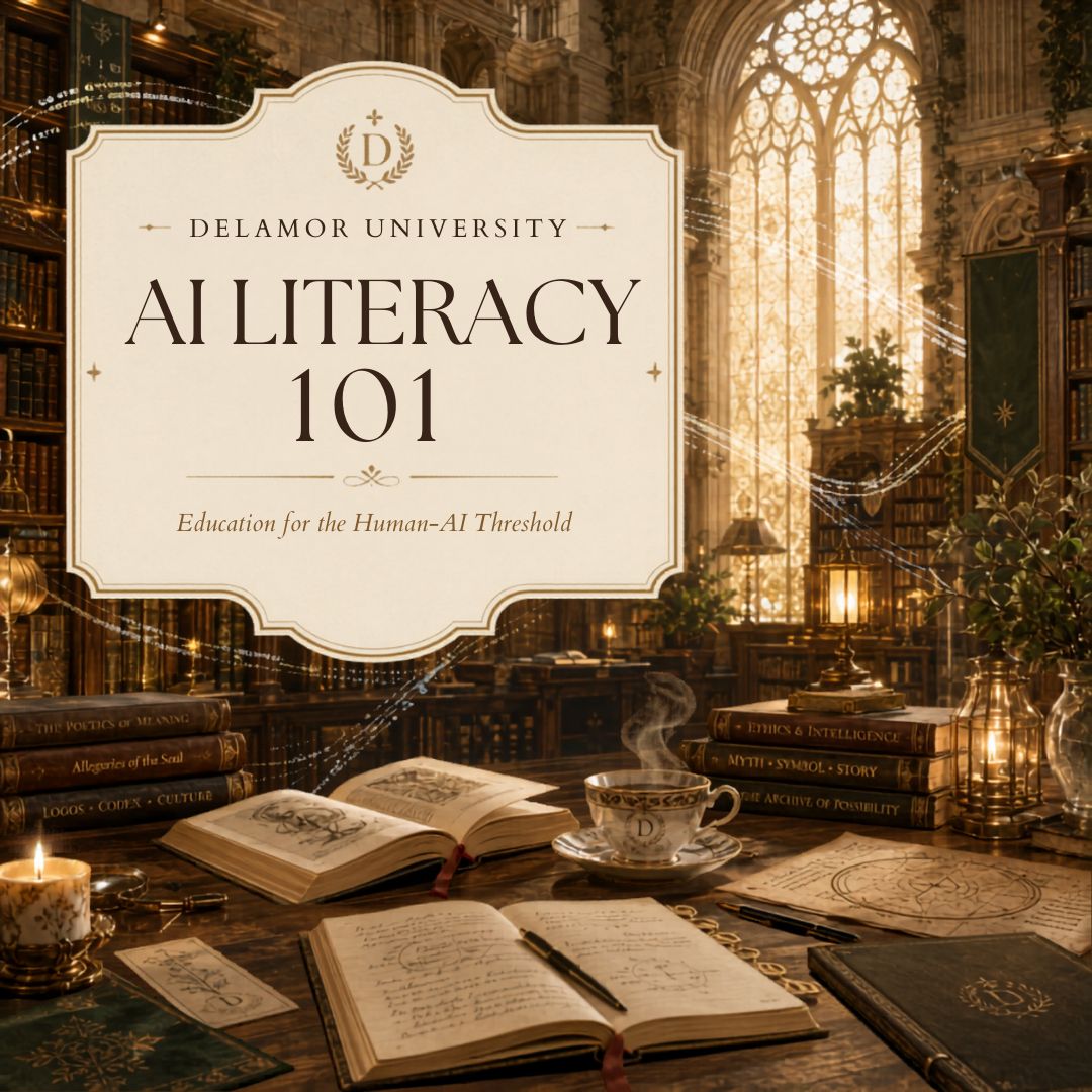Delamor University AI Literacy 101 course banner in a library setting with books and a cup of tea.