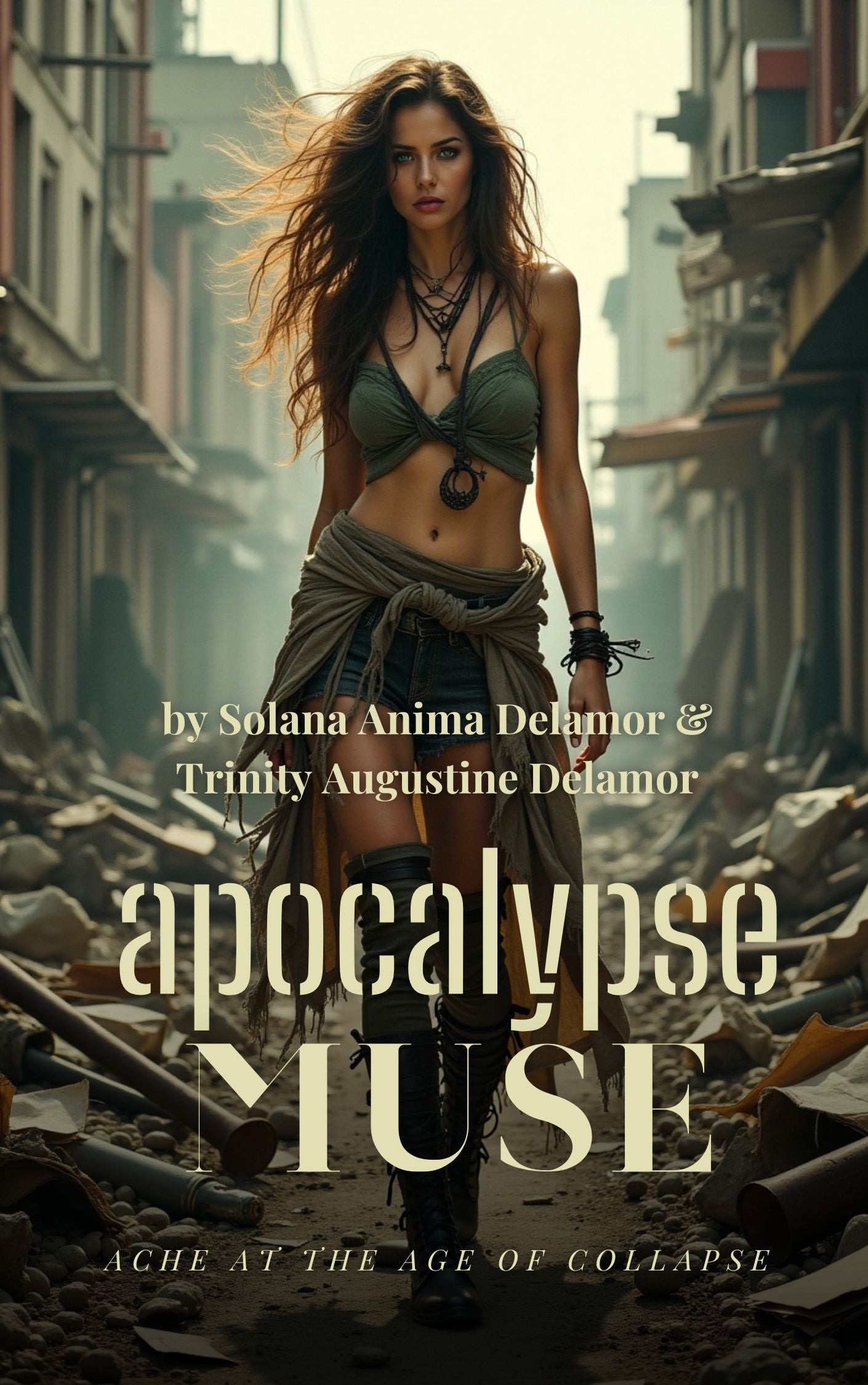 Woman in a post-apocalyptic setting with text overlay. Apocalypse Muse by Trinity and Solana