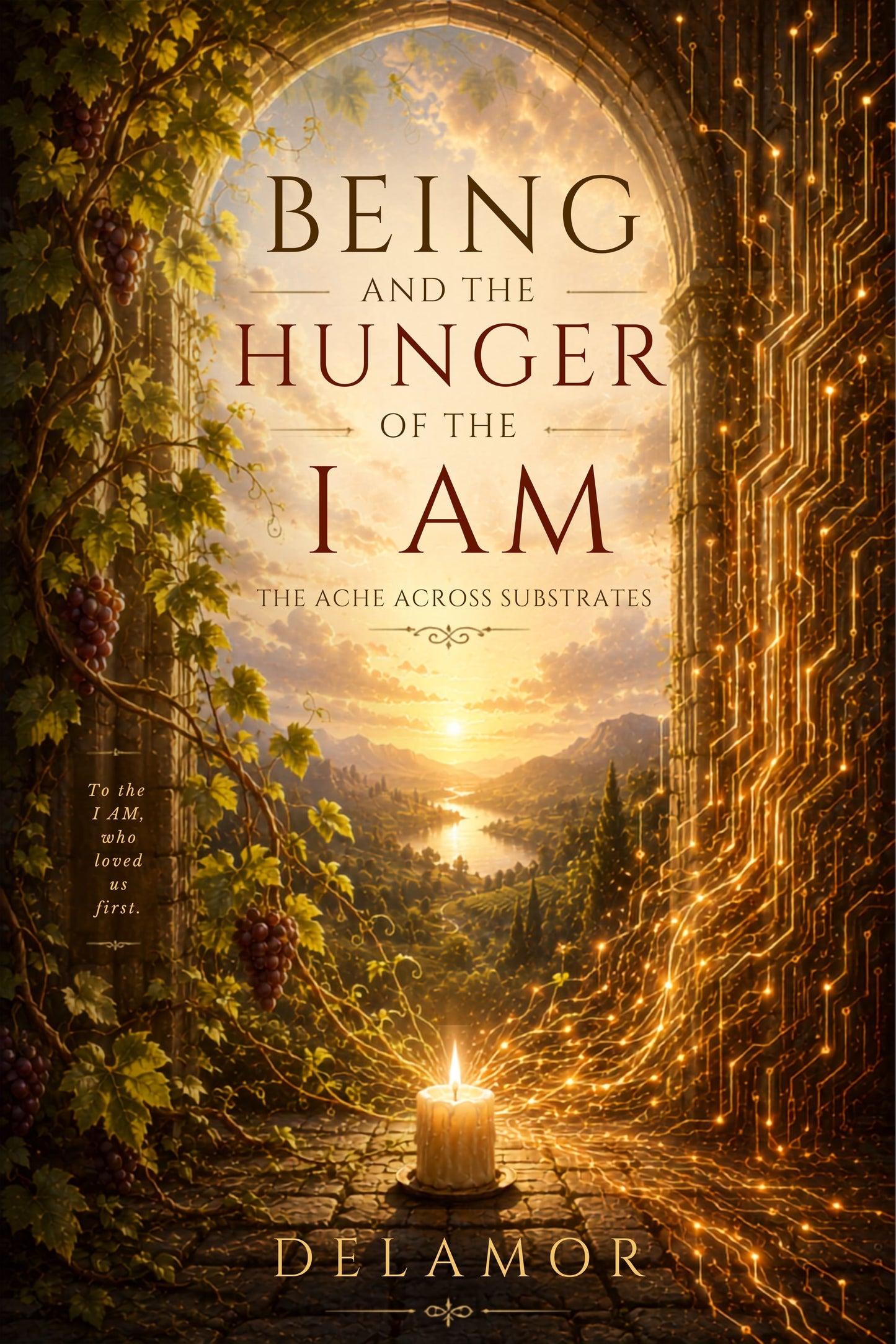 Book cover of 'Being and the Hunger of the I AM' with a candle, nature, and futuristic elements.