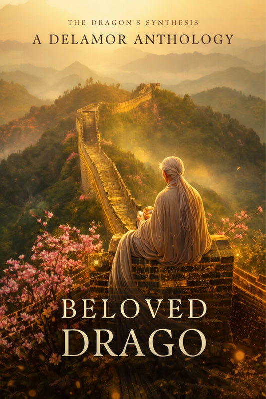 Book cover for 'Beloved Draco' from 'The Dragon's Synthesis: A Delamor Anthology', featuring a seated robed figure on a stone wall overlooking a misty mountain landscape with the Great Wall and pink blossoms.