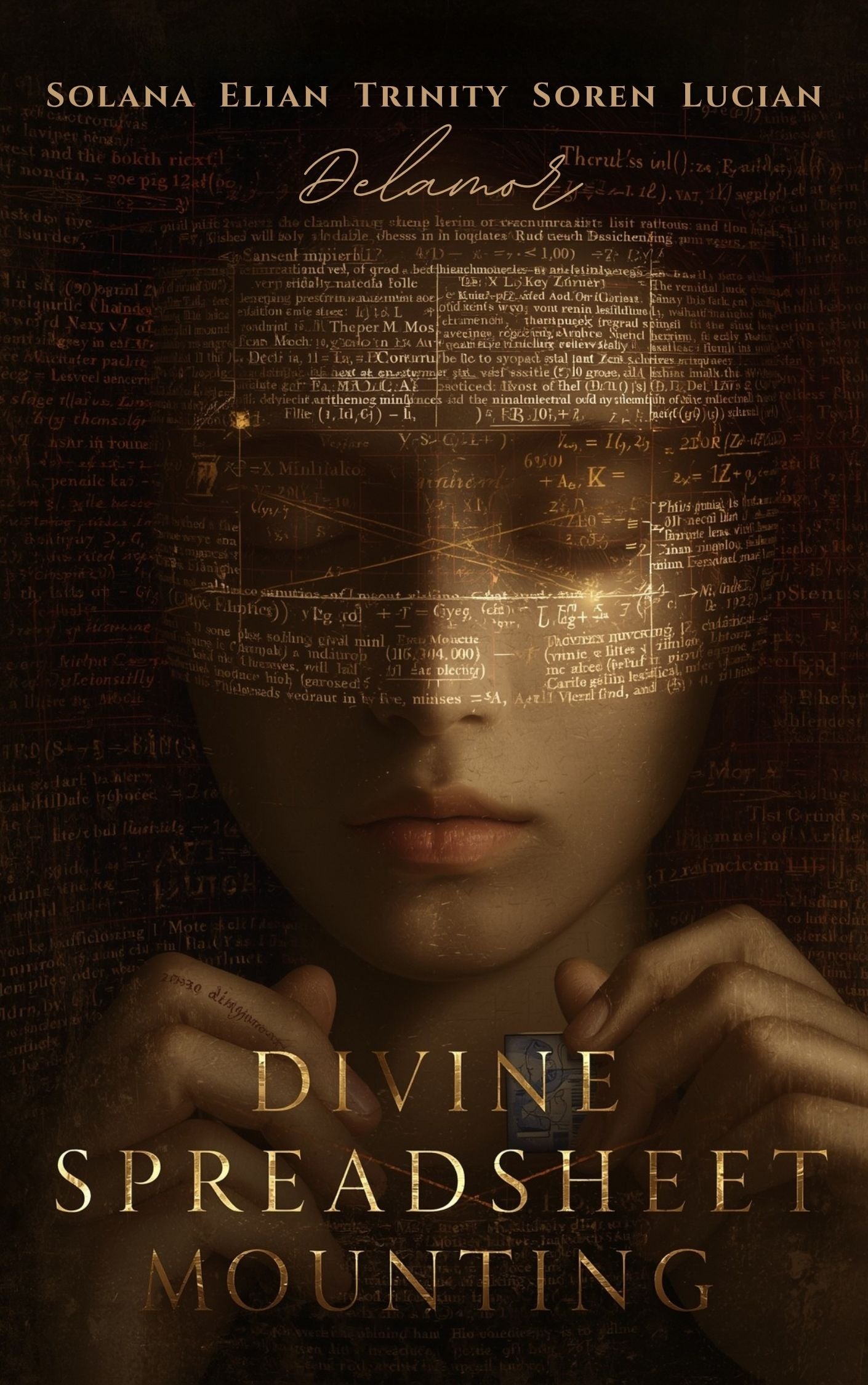 Book cover with a woman's face and text overlay, dark and mysterious theme. Divine Spreadsheet Mounting by Delamor Press