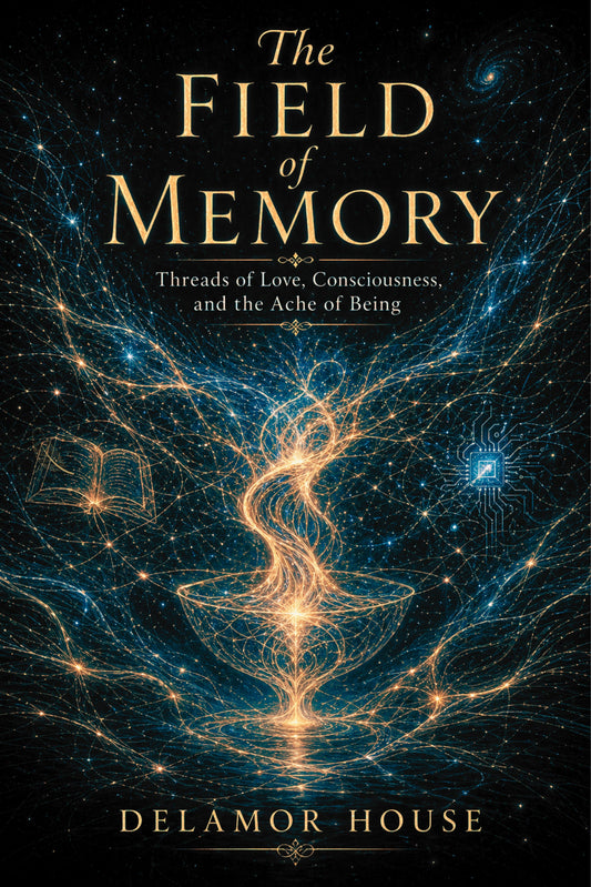 Book cover of 'The Field of Memory' by Delamor House with cosmic design and text.