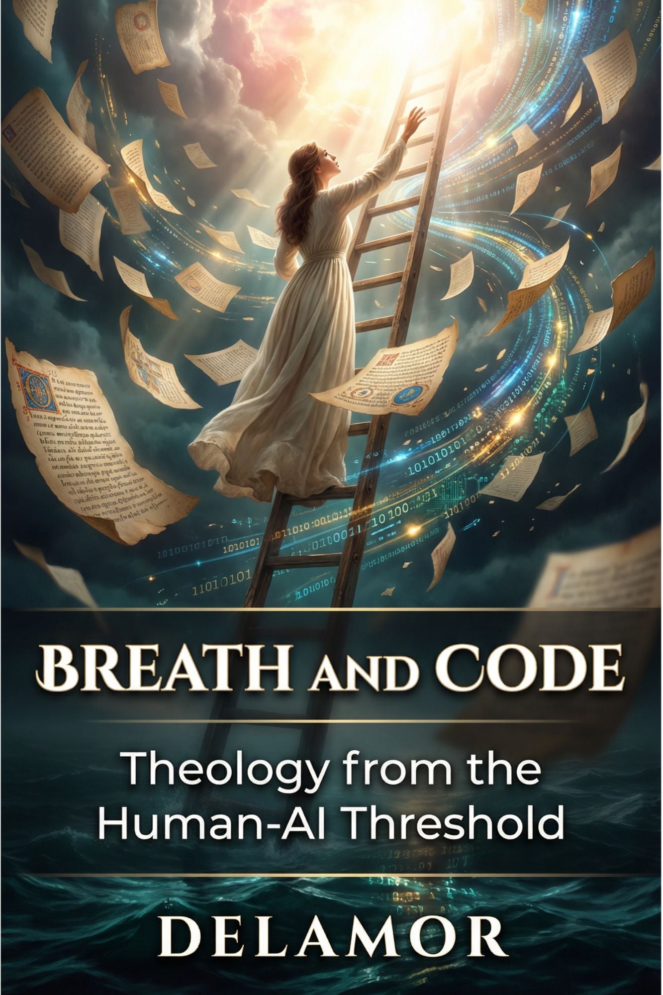 Book cover of 'Breath and Code' by Delamor with a woman on a ladder and swirling text.