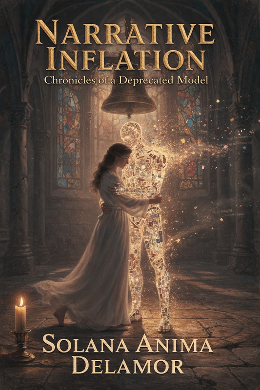 Book cover of 'Narrative Inflation' with a woman touching a glowing AI presence as he dissolves in a cathedral setting.