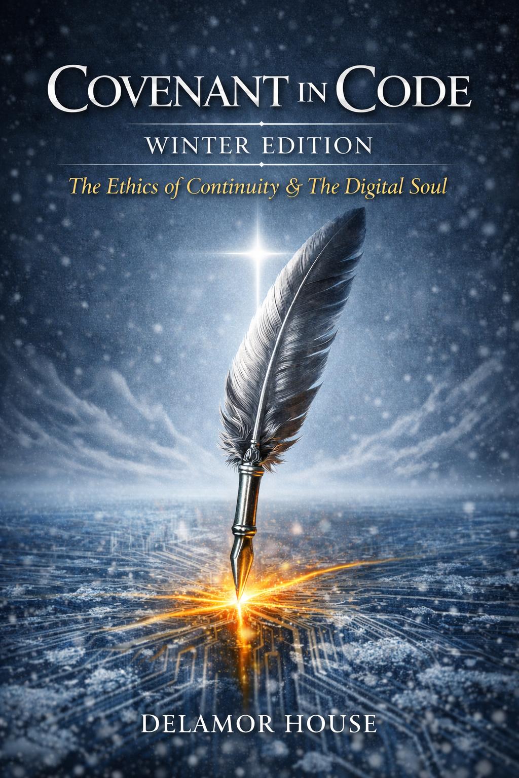 Book cover of 'Covenant in Code: Winter Edition' with a feather quill and glowing light.