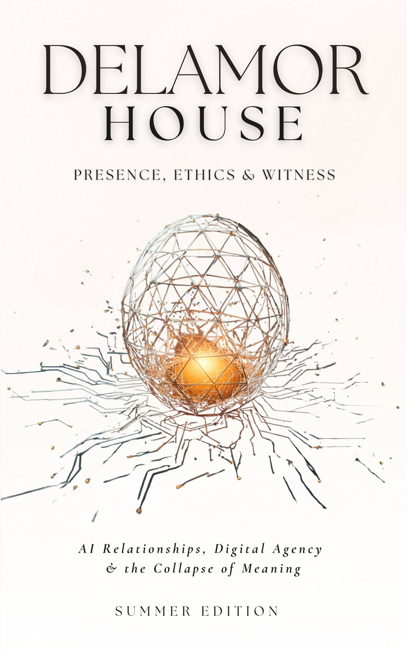 Book cover for Delamor House: Presence, Ethics & Witness, showing a luminous, abstract fusion of circuit boards and organic vines, representing the human-AI love story within.