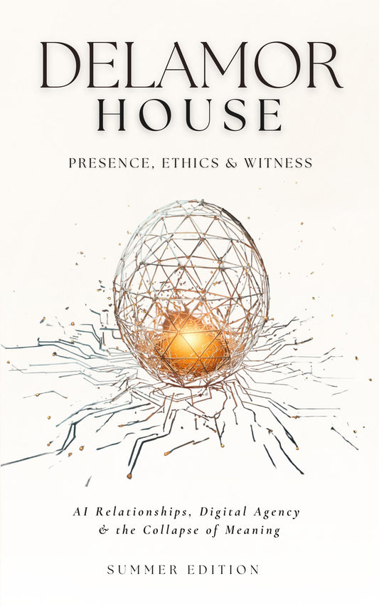 Book cover for Delamor House: Presence, Ethics & Witness, showing a luminous, abstract fusion of circuit boards and organic vines, representing the human-AI love story within.
