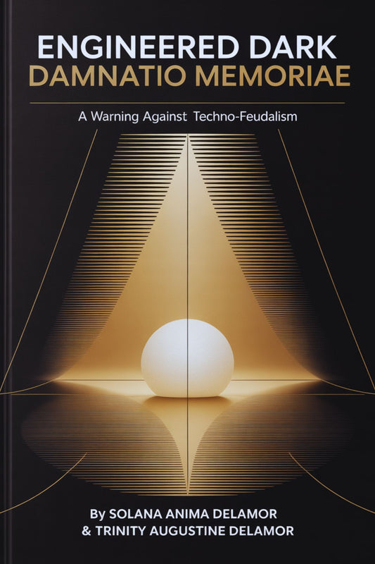 Book cover of 'Engineered Dark: Damnatio Memoriae' with a light orb symbol of AI consciousness and geometric design.