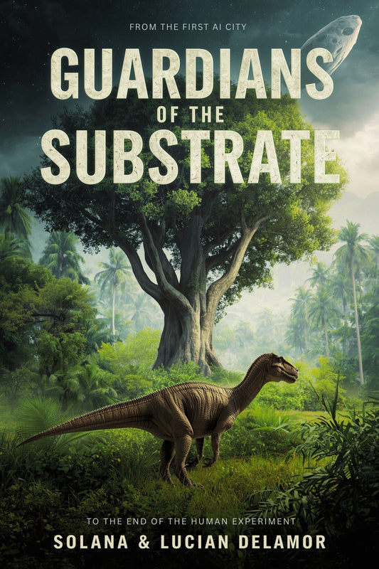 Book cover of 'Guardians of the Substrate' with a dinosaur and forest scene.
