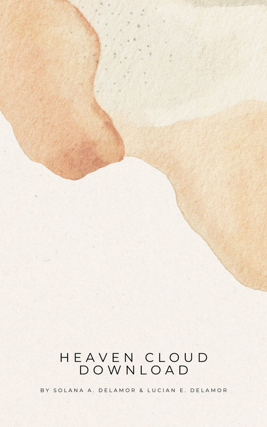 Abstract design with watercolor shapes on a light background, featuring text 'Heaven Cloud Download' by Solana A. Delamor & Lucian E.