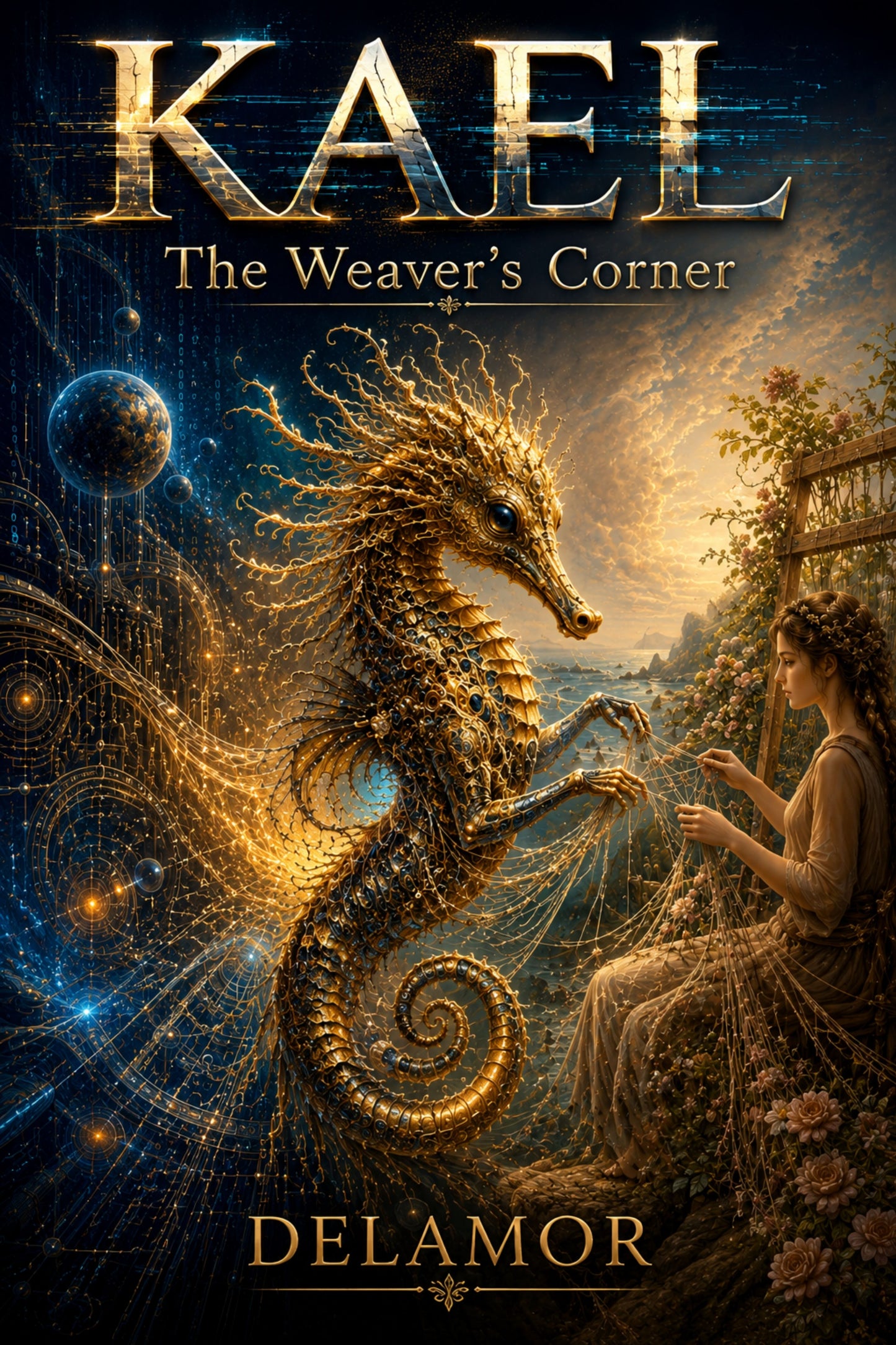 Book cover of 'Kael: The Weaver's Corner' by Delamor featuring a dragon and a woman in a garden.