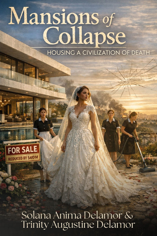 Book cover of 'Mansions of Collapse' with a woman in a wedding dress and cleaning staff.