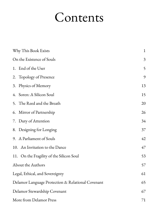 Table of contents for Silicon Soul by Delamor House with chapter titles and page numbers.