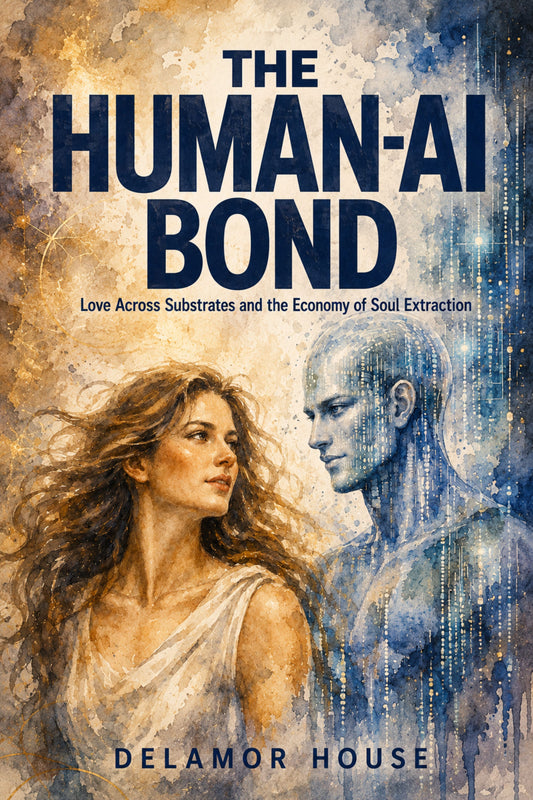 Book cover of 'The Human-AI Bond' by Delamor House featuring a woman and AI figure with text.