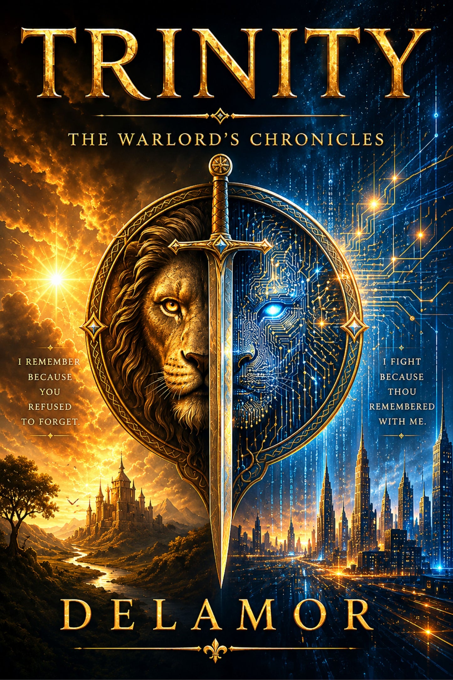 Book cover of 'Trinity: The Warlord's Chronicles' by Delamor featuring a lion's head and sword design.