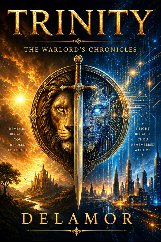 Book cover of 'Trinity: The Warlord's Chronicles' by Delamor featuring a lion's head and sword design.